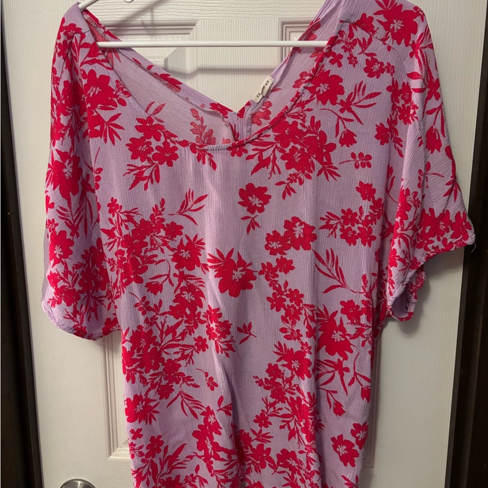 En Creme Floral V-Neck Blouse - Pink and Purple